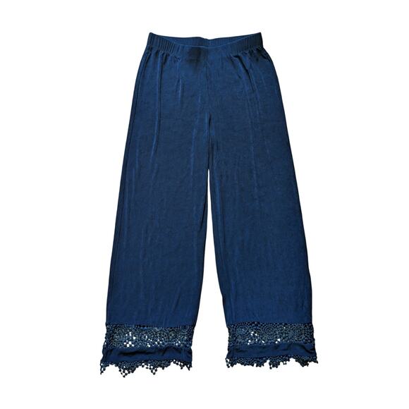 Travelers by Chicos Lace Trim Cropped Pants Womens 1/M Tall Blue Pull On Coastal - Picture 1 of 7
